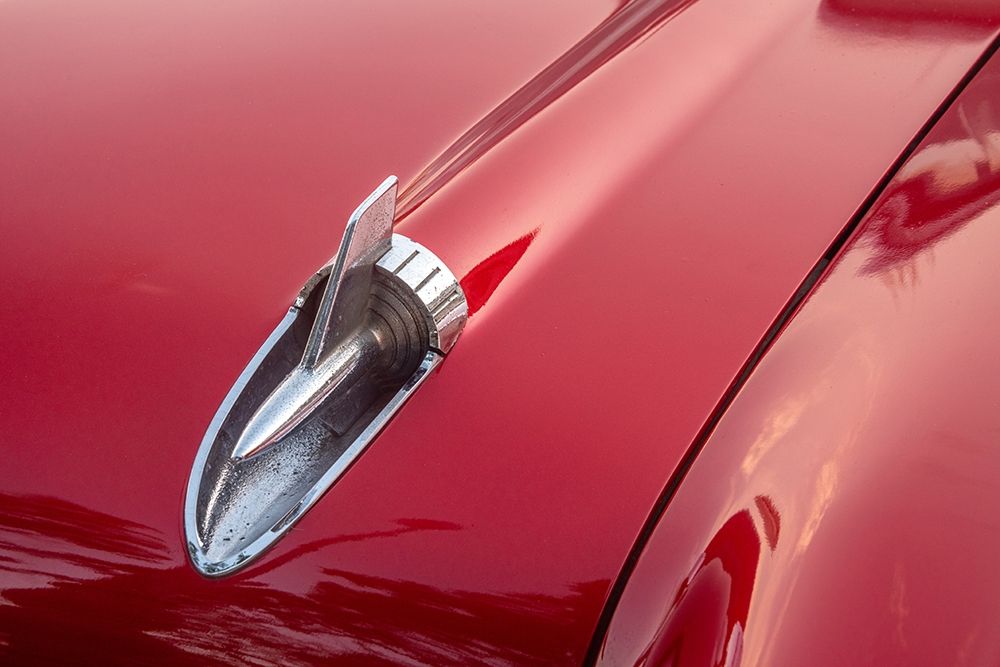 Close-up of hood detail of red 57 Chevrolet Bel Air in Habana-Havana-Cuba